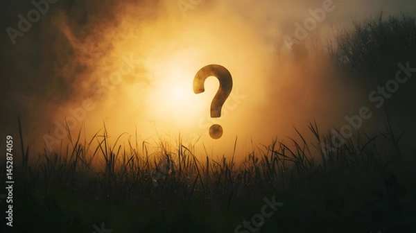 Fototapeta Mysterious Horizon: A large, dark question mark silhouetted against a fiery orange sunset, emerging from a misty field, symbolizing the unknowns that lie ahead.
