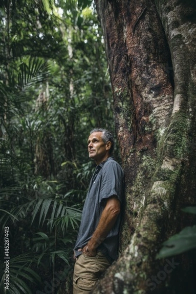 Fototapeta A man leans against a giant tree in a verdant rainforest, deep in thought and admiring the view.