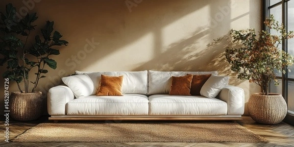 Fototapeta Sunlight streams into a minimalist living area with a white couch.
