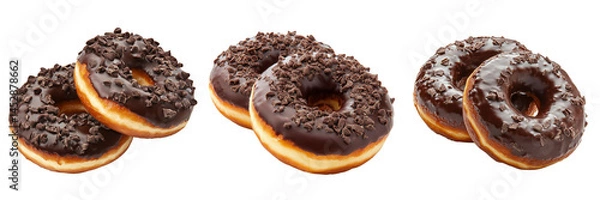 Fototapeta Set of A vibrant chocolate donut with colorful sprinkles placed on a rustic wooden table on transparent png background. Ai generated