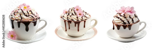 Fototapeta Set of A white porcelain coffee cup with realistic rising steam on transparent png background. Ai generated