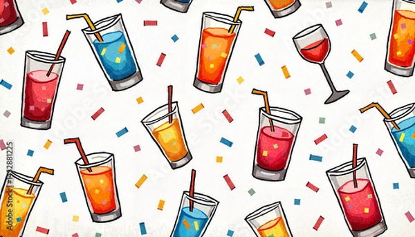 Fototapeta Festive drinks pattern with confetti for celebration wrapping paper