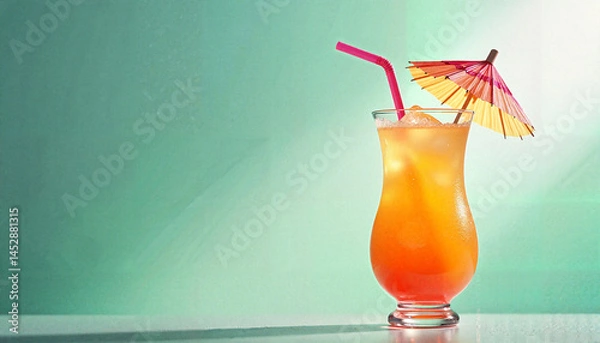 Fototapeta Refreshing tropical cocktail with ice and umbrella, summer vibes