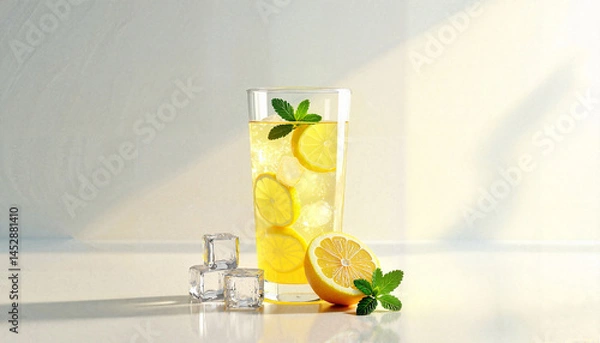 Fototapeta Refreshing lemonade glass with mint and lemon slices, summer delight