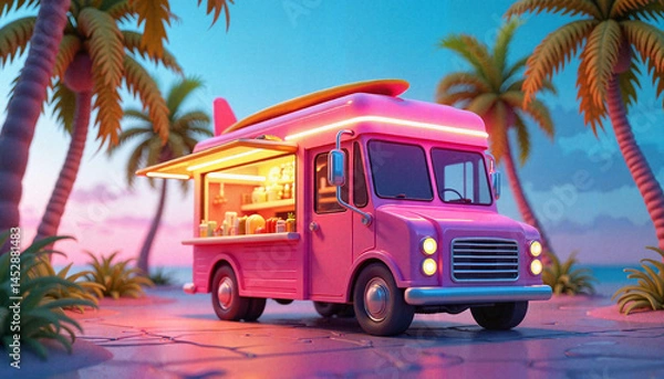 Fototapeta Vibrant 3D food truck with neon lights amid palm trees, summer vibes
