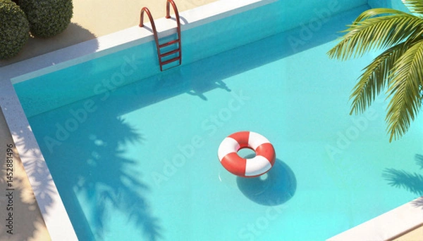 Fototapeta Stylized swimming pool with float and palm shadows, summer relaxation