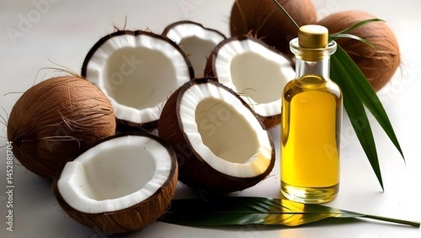 Fototapeta Sliced coconuts with oil inside and bottle of coconut oil create tropical and refreshing scene. natural beauty of coconuts and vibrant oil evoke sense of wellness and nourishment