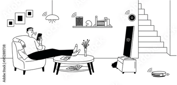 Obraz Smart home, man using smart home control system in smartphone. Various electronics with smart functions. Vector doodle illustration, banner