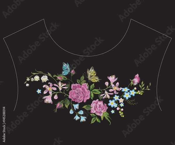 Fototapeta Embroidery colorful ethnic neck line pattern with  roses, butterfly and lilies. Vector traditional folk floral design on black background for fashion wearing.