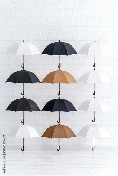 Fototapeta Stylish umbrellas in various shades of color displayed on a white brick wall.