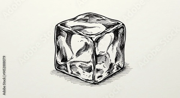 Fototapeta Detailed Ink Drawing of Transparent Ice Cube Reflecting Light with Sharp Edges and Realistic Texture