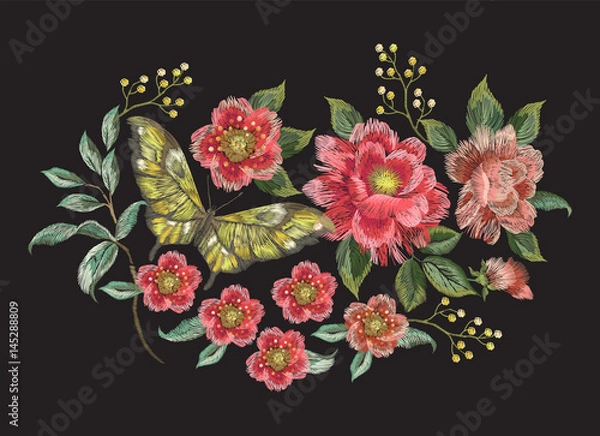 Fototapeta Embroidery colorful trend floral pattern with butterfly. Vector traditional folk roses and other flowers bouquet on black background for design.