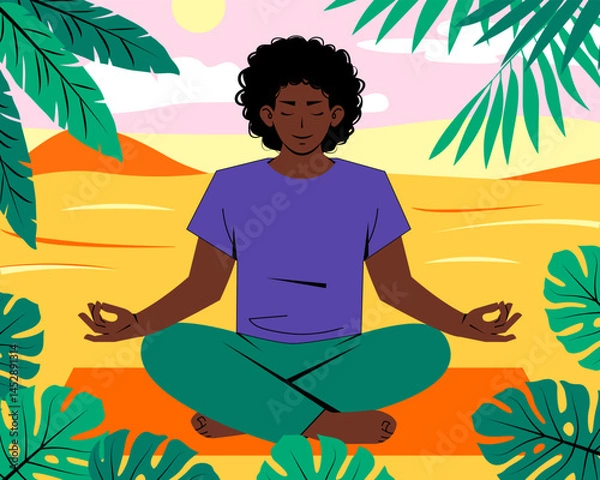 Fototapeta African American black man in sportswear meditates on open air. Oasis in desert with palm leaves. Toga practice concept. Healthy lifestyle, active recreation.