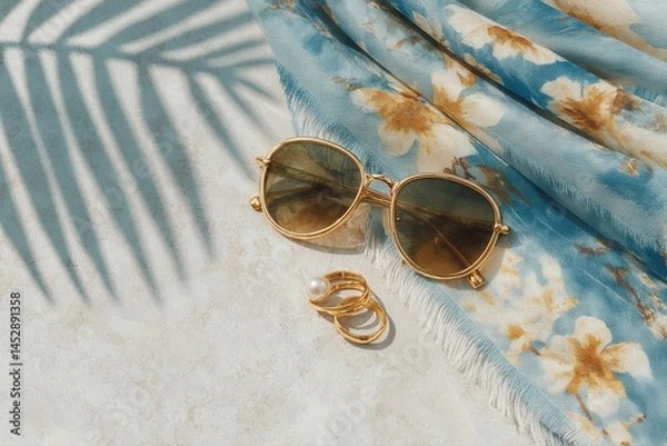 Obraz Chic summer flatlay with sunglasses, gold rings and soft scarf on marble background with palm shadows, perfect for fashion editorials, branding mockups, or summer luxury promotions.