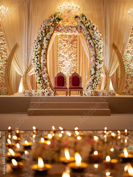 Obraz A luxurious Indian wedding reception stage features massive golden archways adorned with white and pink floral arrangements cascading from the top