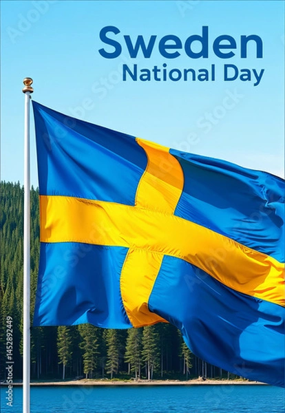 Obraz The Swedish flag proudly flutters in a gentle breeze, showcasing its blue and yellow colors. A breathtaking forest and lake create a tranquil, picturesque setting on this national holiday.