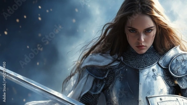 Fototapeta Female Knight in Battle Armor - A determined female knight, clad in shining silver armor, stands ready for battle, her long hair flowing behind her. A sword is held at her side