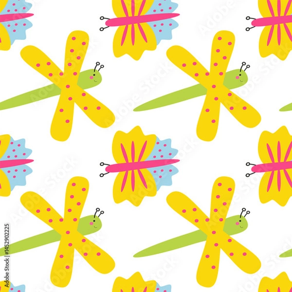 Obraz Summer seamless pattern with insects, flowers, bee, dragonfly, caterpillar, snail, Bright Colorful background. Vector, Isolated.