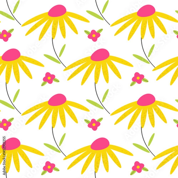 Obraz Summer seamless pattern with insects, flowers, bee, dragonfly, caterpillar, snail, Bright Colorful background. Vector, Isolated.