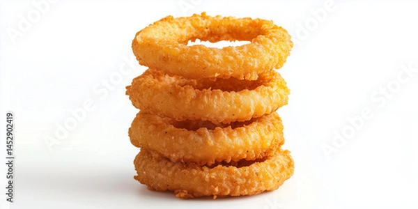 Fototapeta Crispy golden onion rings stacking in appetizing tower, revealing deep-fried perfection against pristine white surface