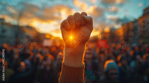 Obraz Raised fist in front of a large protest crowd at sunset, symbolizing strength, unity, and the fight for human rights and justice.
