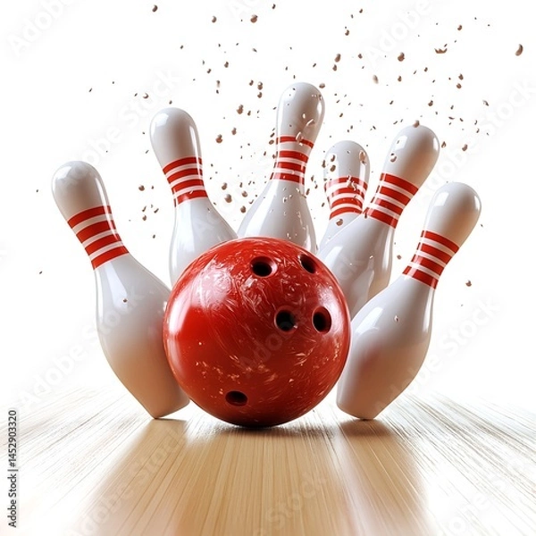 Obraz A red bowling ball crashing into the pins on white background