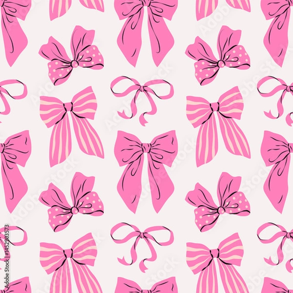 Fototapeta Coquette seamless pattern with red and pink bows on pastel background. Hand drawn vector illustration. Cute design for wedding celebration, holiday, party decoration, gift, present concept.