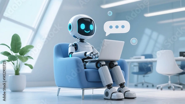 Fototapeta Artificial intelligence robot character – happy 3D chatbot icon isolated on white. Funny tech bot, trendy assistant, GPT mascot for support services