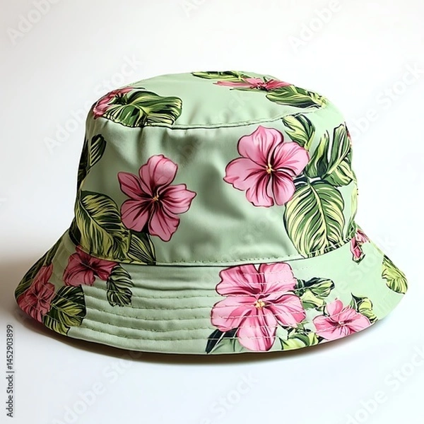 Obraz A light green bucket hat with a tropical floral print featuring pink flowers and green leaves on clear white background