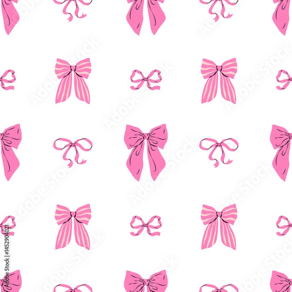 Fototapeta Cute aesthetic seamless pattern of pink ribbon bows on white background. Hand drawn vector illustration. Perfect for wedding design, party decoration, gift wrapping paper and textile