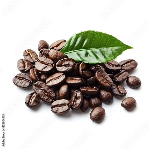 Obraz A pile of coffee beans with leaves on clear white background