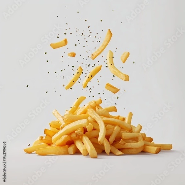 Obraz A pile of golden french fries with some scattered in the air on gray background