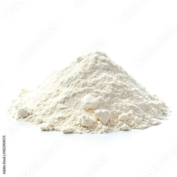Obraz A pile of flour sits, perfect for culinary projects and baking recipes, showcasing fine texture and purity on clear white background