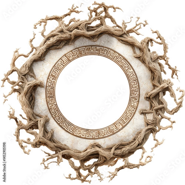 Fototapeta Ornate Wooden Root Frame with Greek Key Design - Circular Mirror or Picture Frame