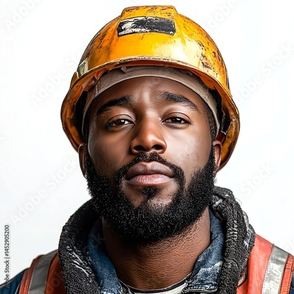 Obraz A portrait photo of a black male construction worker, face to face view on clear white background