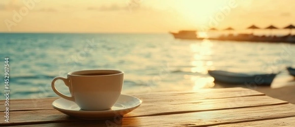 Fototapeta Serene morning coffee cup on wooden table overlooking tranquil ocean at sunrise with boats and beach umbrellas creating a peaceful tropical vacation scene
