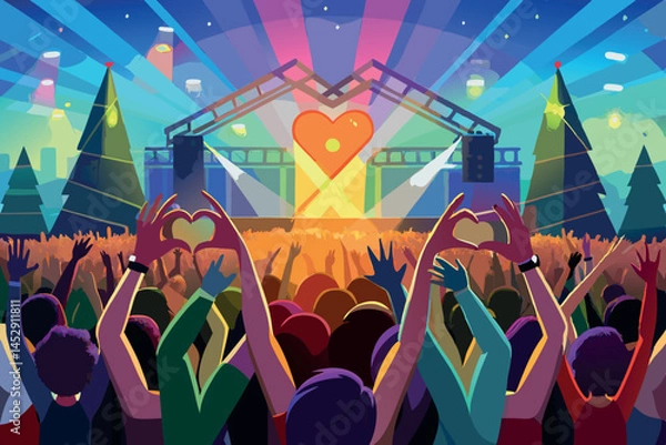 Obraz crowd silhouette with hands forming heart shape, vivid lights and stage setup in background