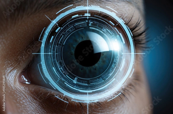 Fototapeta High-tech eye exam. Close-up iris with diagnostic graphics. Showcases advanced ophthalmology and vision analysis.