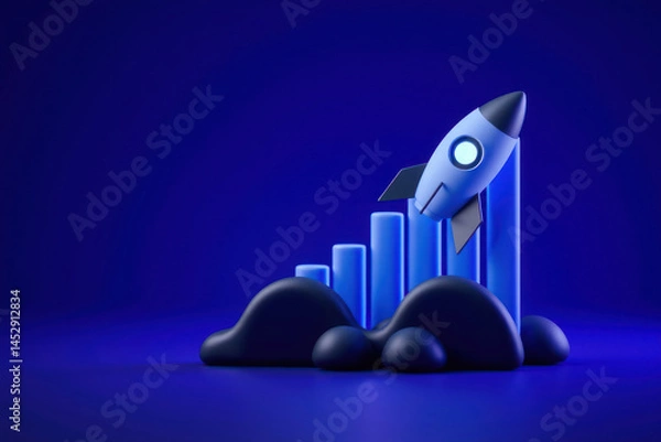 Fototapeta Investing in the future. Rocket launch synced with positive finance charts. Business ambition.