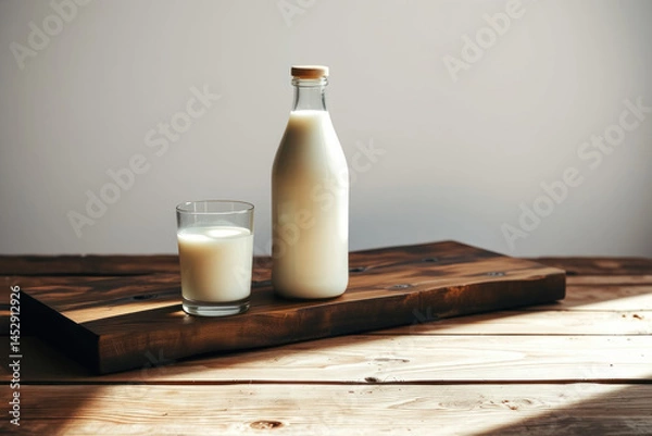 Fototapeta Pure simple: milk in a bottle and glass. Timeless image for health, wellness, or dairy product representation.
