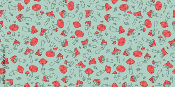 Fototapeta Pattern seamless, fly agaric. Set fly mushrooms and leaves. Repeating background. Hand drawn icons, doodles, vector illustration.