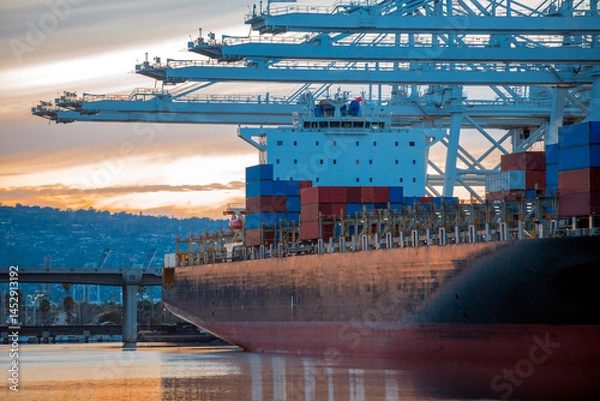 Fototapeta Large container ship docked next to unloading terminal at dusk
