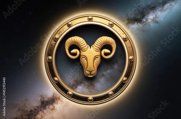 Fototapeta Golden Taurus symbol shines. Intricate design against starry space. Zodiac design for astrology and horoscope enthusiasts.
