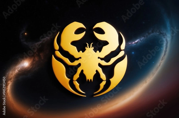 Fototapeta Zodiac Scorpio. Golden emblem against a cosmic starfield. Powerful imagery for astrology and design projects.
