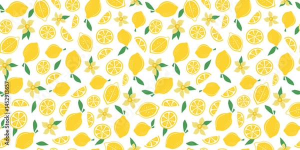 Fototapeta Lemons, pattern with simple abstract fruits. Summer seamless background. Citruses, food. Lemon seamless background. Hand drawn flat style illustration. Vector print for fabric or wallpaper.