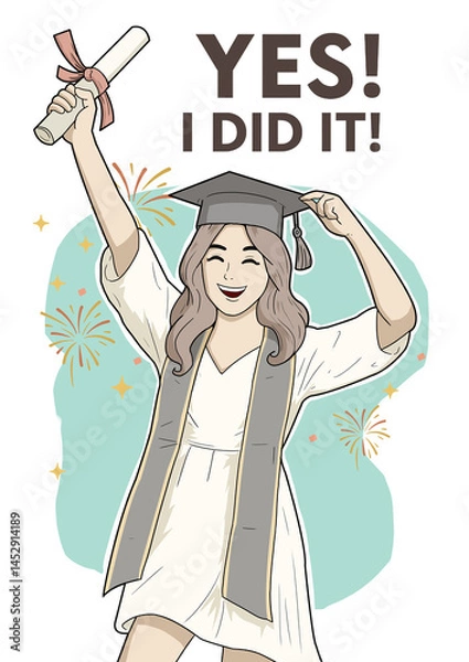 Fototapeta A young woman dressed in a white dress and traditional graduation cap and stole stands proudly with one arm raised high, holding a diploma, Use it to announce your achievement,