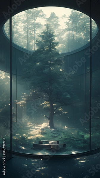 Fototapeta Futuristic forest atrium with a central tree and modern bench under soft morning light