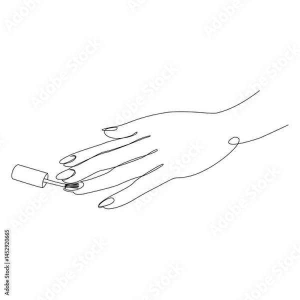 Fototapeta The lady does a manicure, paints her nails with varnish. Silhouette of female hands in a modern one line style. Solid line, aesthetic outline for decor, posters, stickers, logo. Vector illustration.