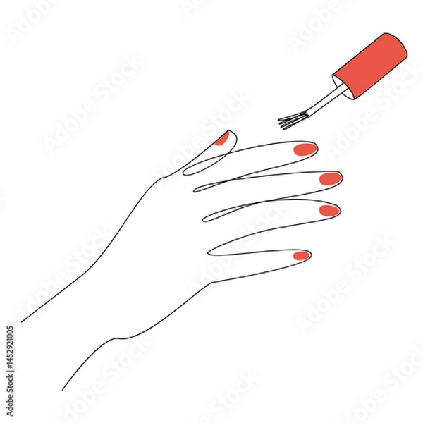 Fototapeta The lady does a manicure, paints her nails with varnish. Silhouette of female hands in a modern one line style. Solid line, aesthetic outline for decor, posters, stickers, logo. Vector illustration.