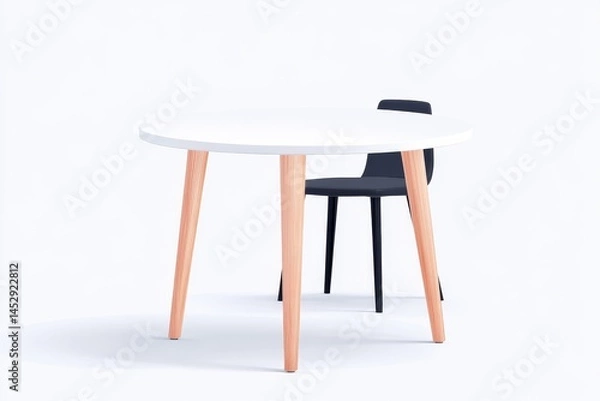 Fototapeta Modern White Circular Dining Table with Light Wood Legs - A minimalist circular dining table with light wood legs and a single black chair. Clean lines, simple design